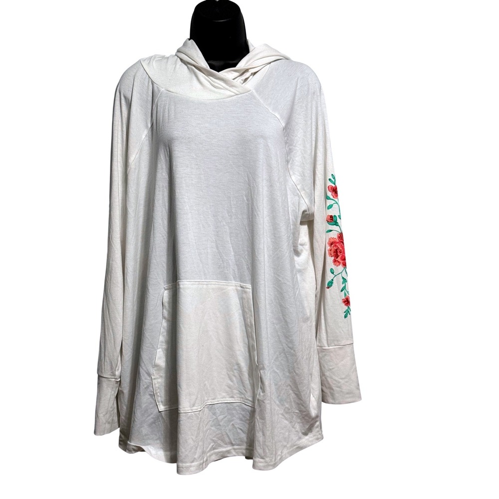 LuLaRoe Women 3XL Cream Floral Embroidered Sleeve Hooded Pullover Top Hoodie